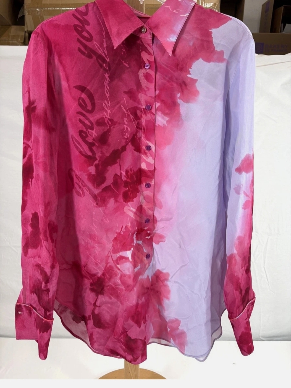 NWT Robert Grahm Pink Ombre Multi I Love You" Button Up Long Sleeve Blouse Shirt